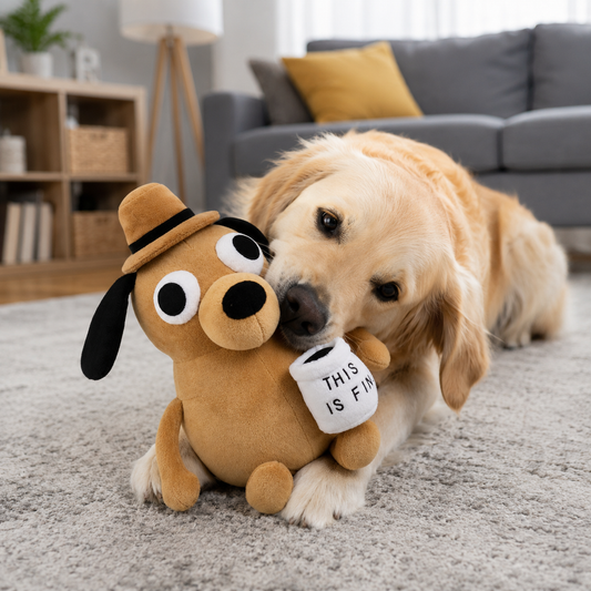 ☕ ThisIsFine Dog™ – Peluche Mème Culte pour Chien 🐶🔥