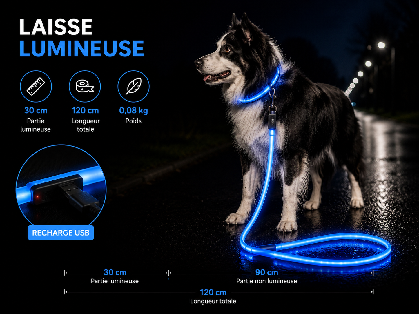 💙 LumiLeash™ – Laisse LED Lumineuse Bleue pour Chien 🐾✨