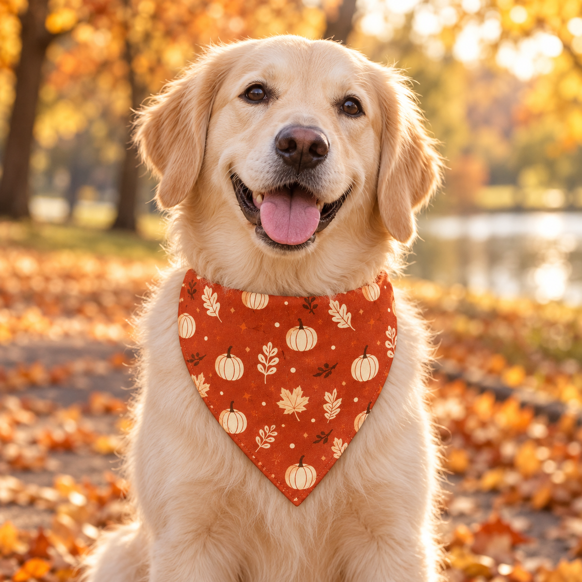 Chien portant le bandana Boo pendant une promenade d’automne