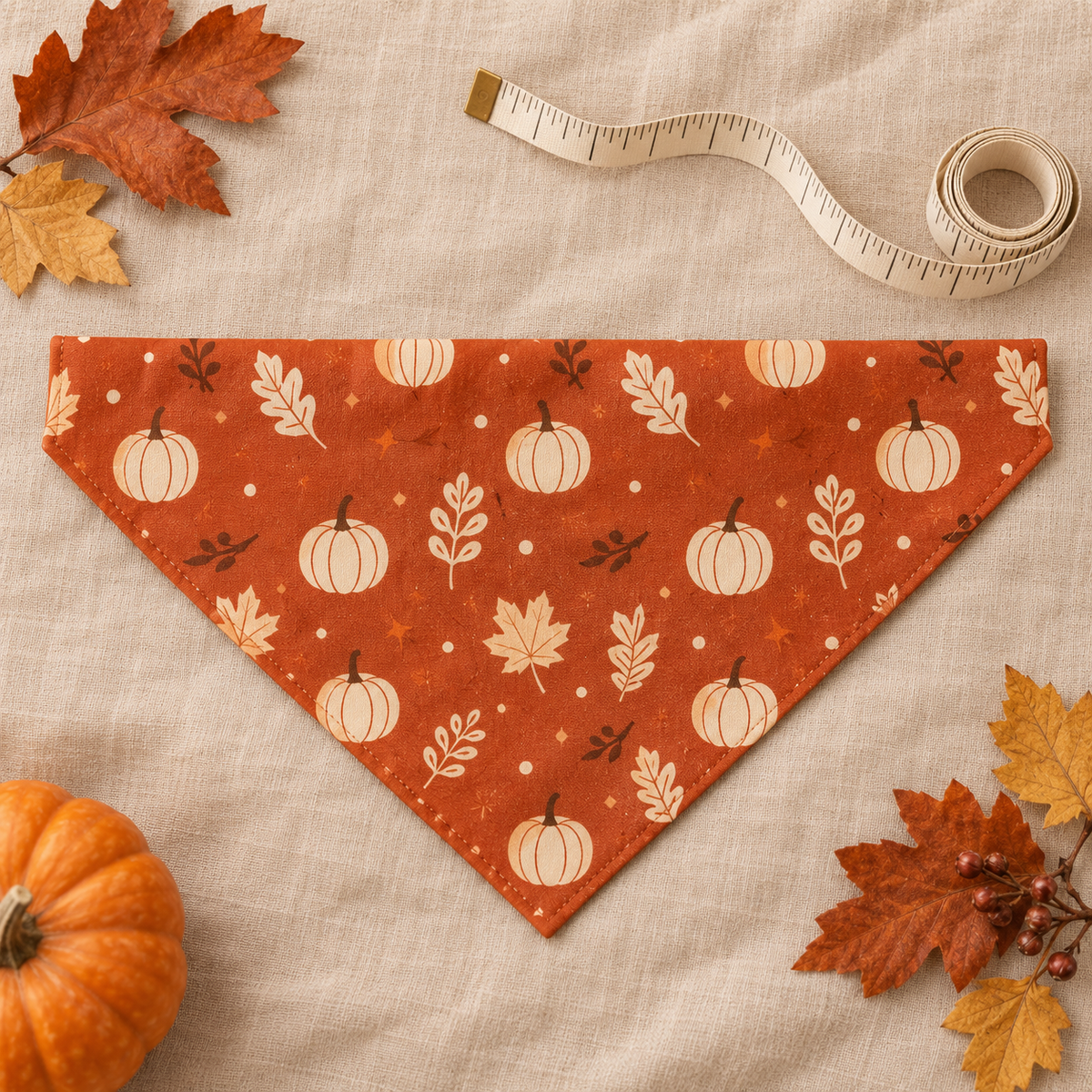 Bandana d’automne Boo présenté à plat avec son motif citrouilles et feuilles