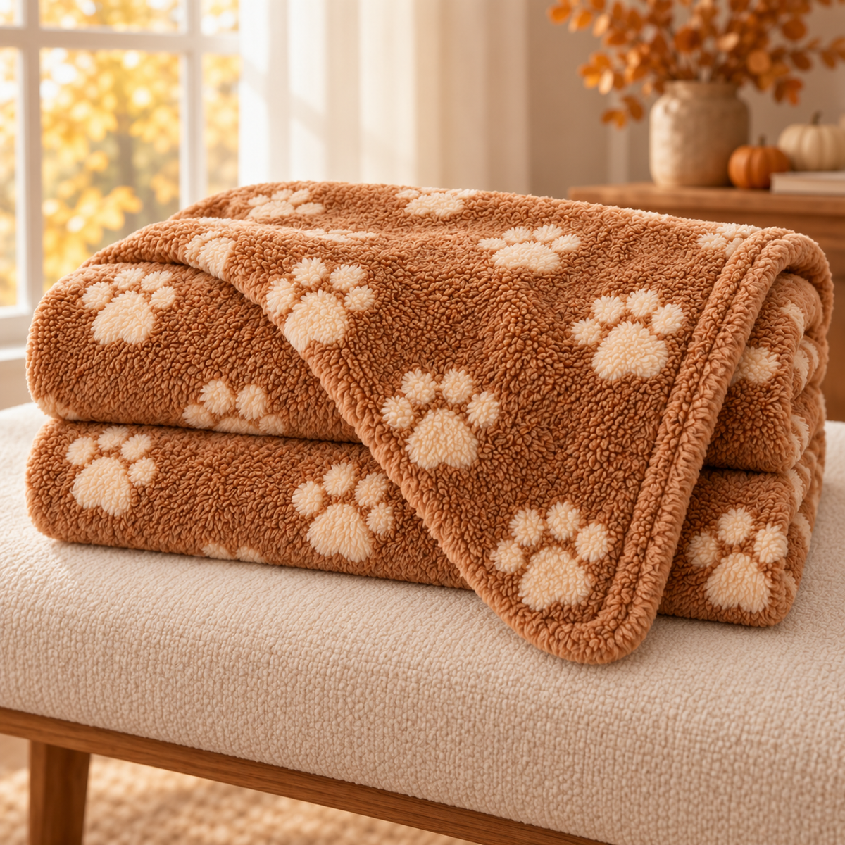 Couverture polaire Cocon pliée montrant sa texture et son motif pattes