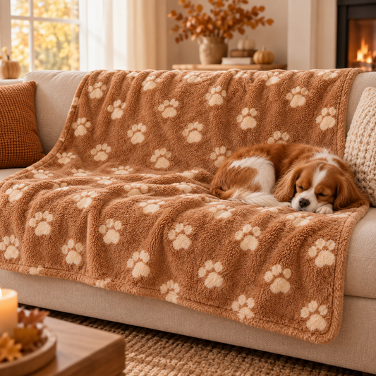 Chien installé sur la couverture polaire Cocon déployée sur un canapé
