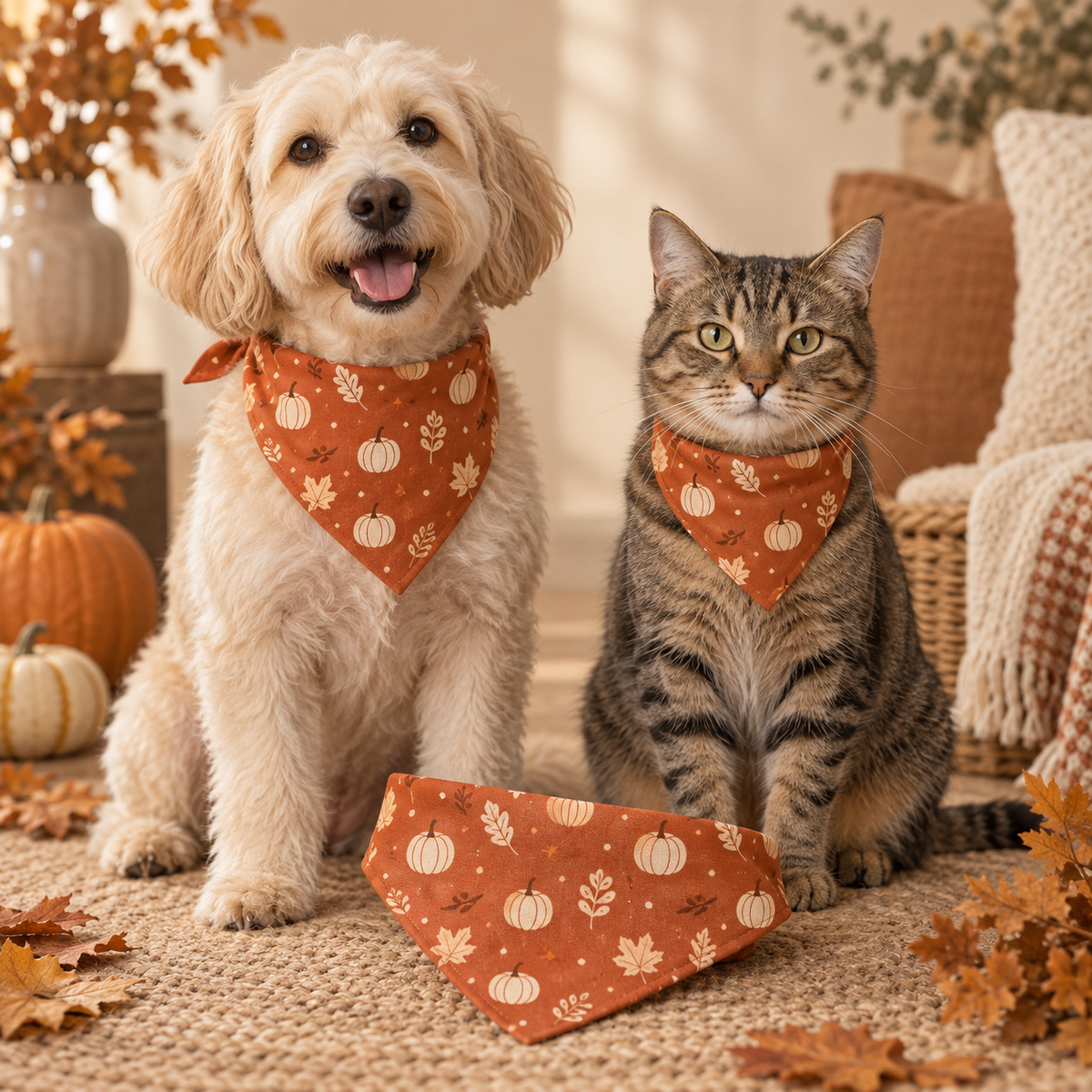 Chien et chat portant le bandana Boo à motif citrouilles et feuilles