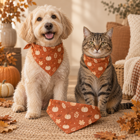 Chien et chat portant le bandana Boo à motif citrouilles et feuilles