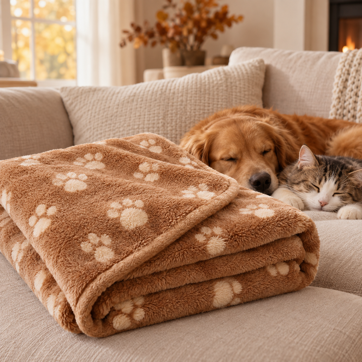 Couverture polaire Cocon avec un chien et un chat endormis
