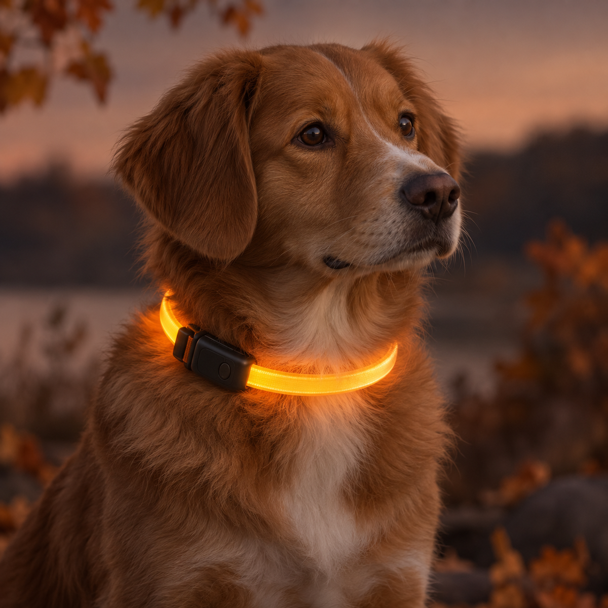 Chien portant le collier LED rechargeable Luma couleur ambre