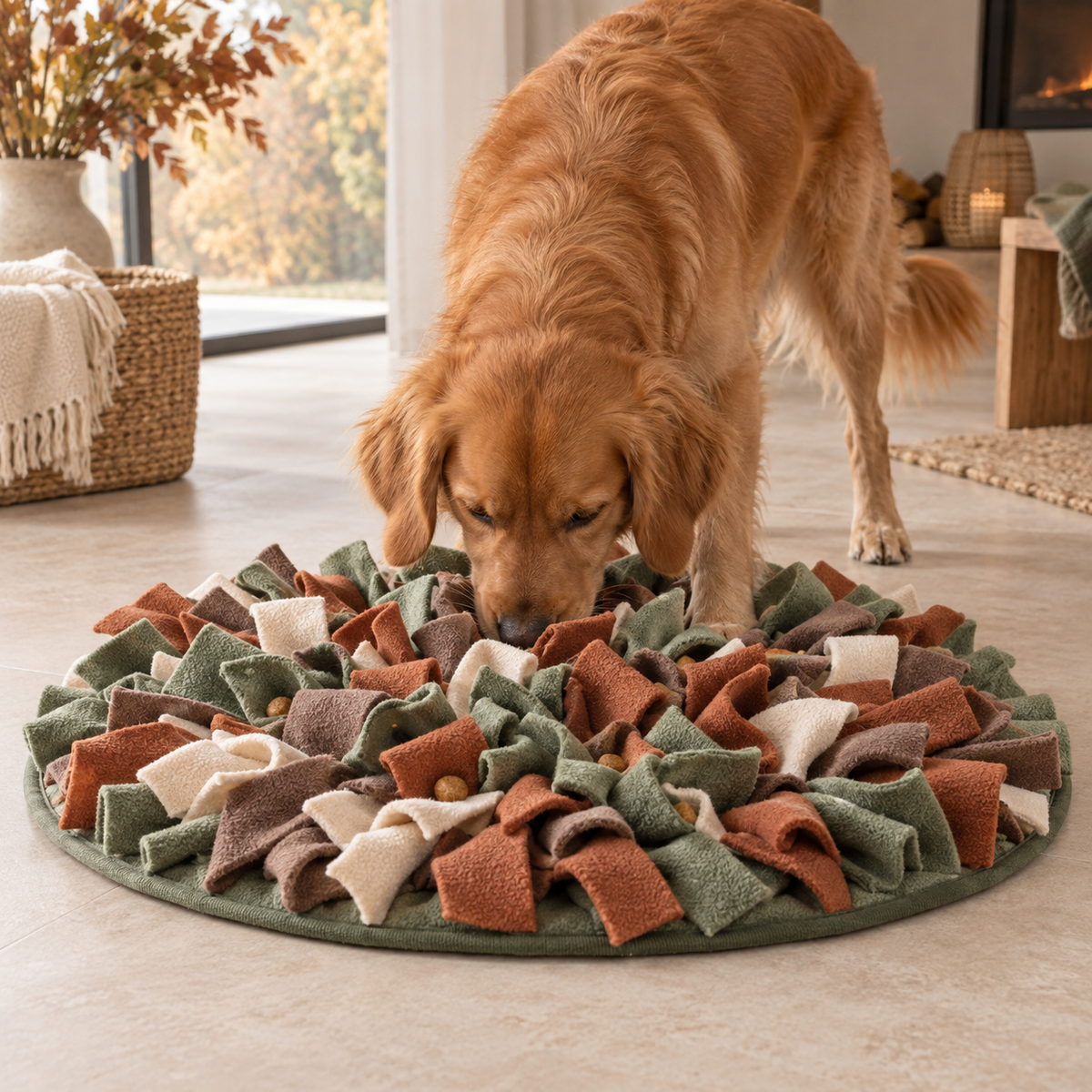 Chien utilisant le tapis de fouille Méli-Mélo aux couleurs d’automne