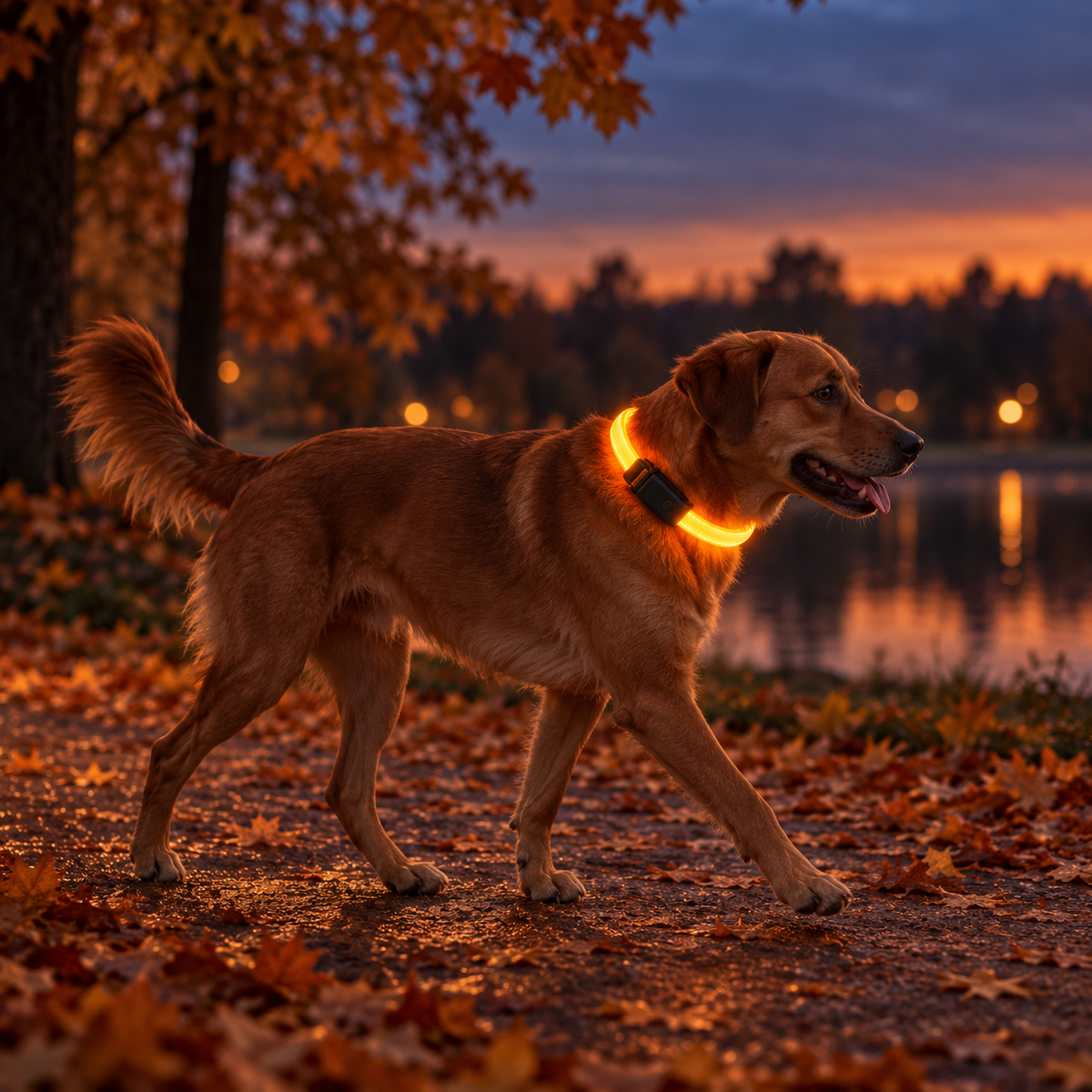 Chien portant le collier LED Luma lors d’une promenade au crépuscule