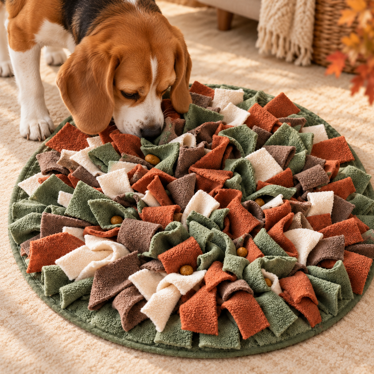 Chien recherchant des croquettes dans le tapis Méli-Mélo