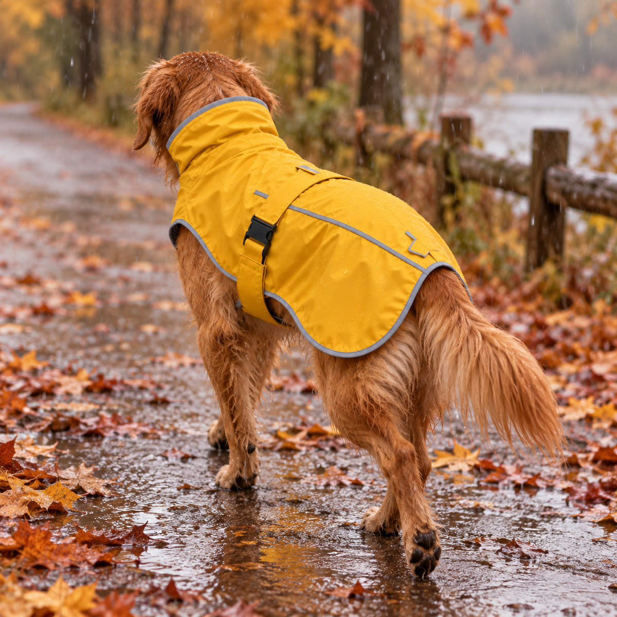 Chien portant l’imperméable Noro vu de dos sous une pluie d’automne