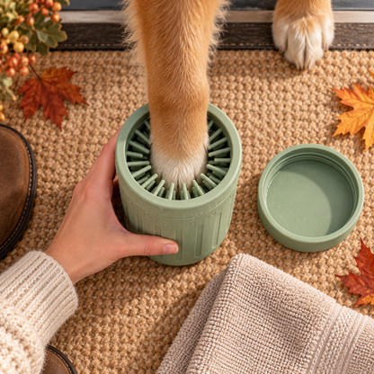 Nettoyage d’une patte de chien avec PurePattes vu de dessus