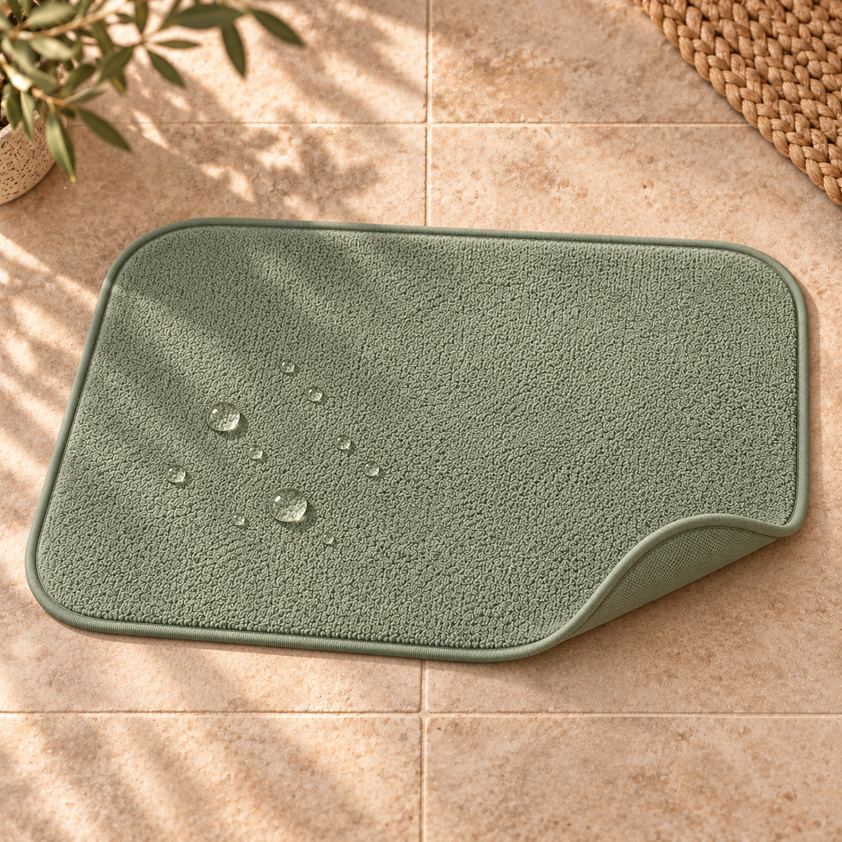 Détail de la texture et du bord du tapis absorbant Sauge