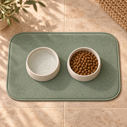 Vue de dessus du tapis absorbant Sauge avec deux gamelles