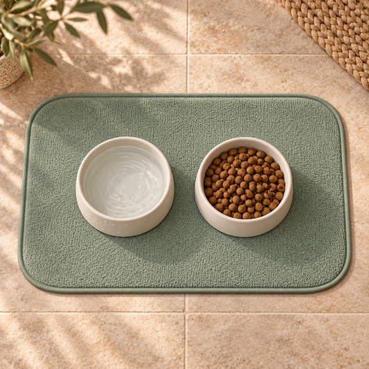 Vue de dessus du tapis absorbant Sauge avec deux gamelles