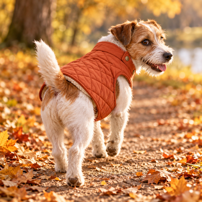 Chien portant la doudoune Sienna vu de dos pendant une promenade d’automne