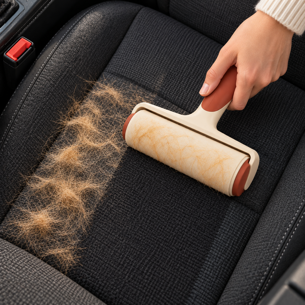 Utilisation du rouleau anti-poils Velours sur un siège de voiture